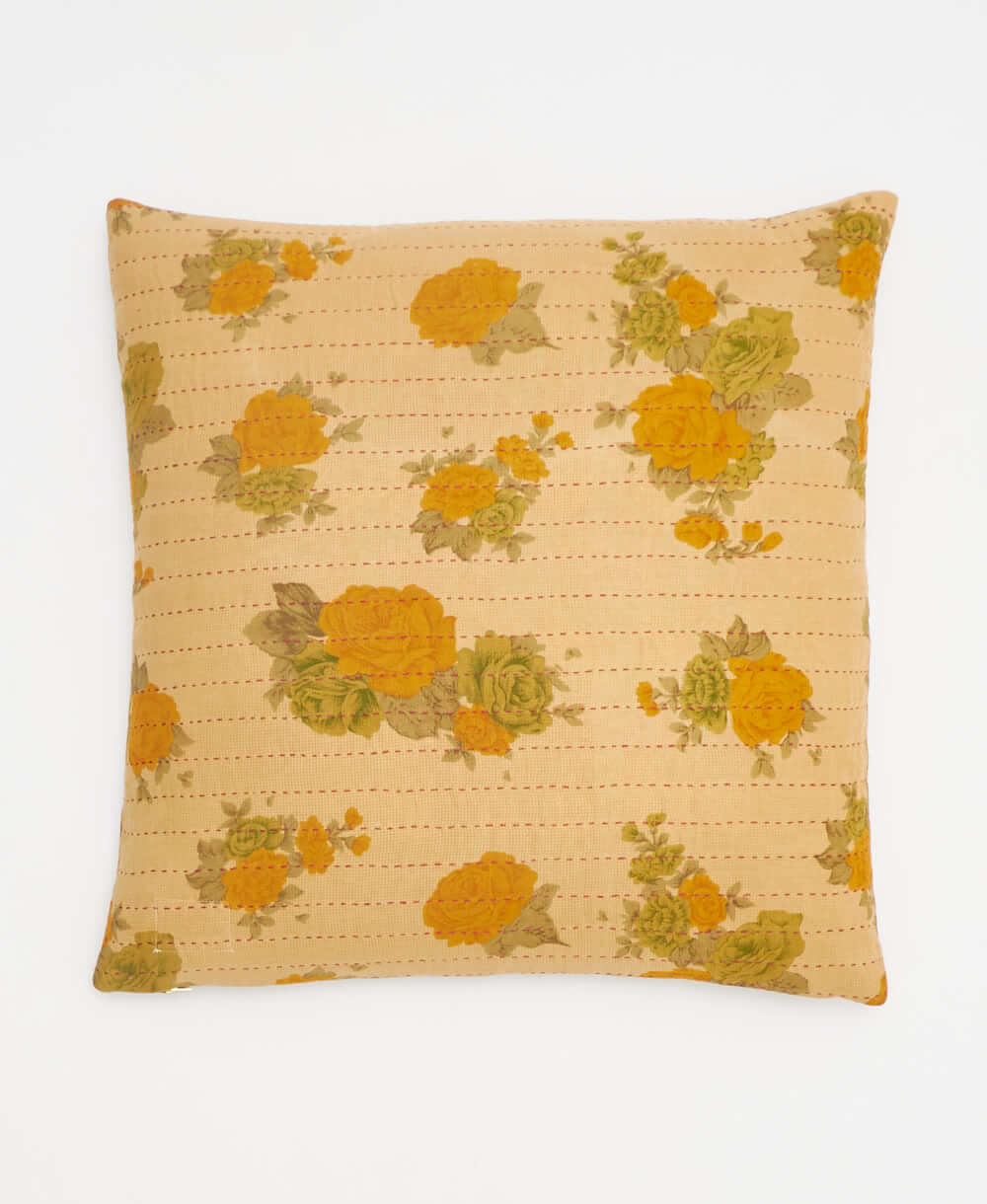 orange & olive rose vintage throw pillow made from sustainable fabrics with pink embroidery