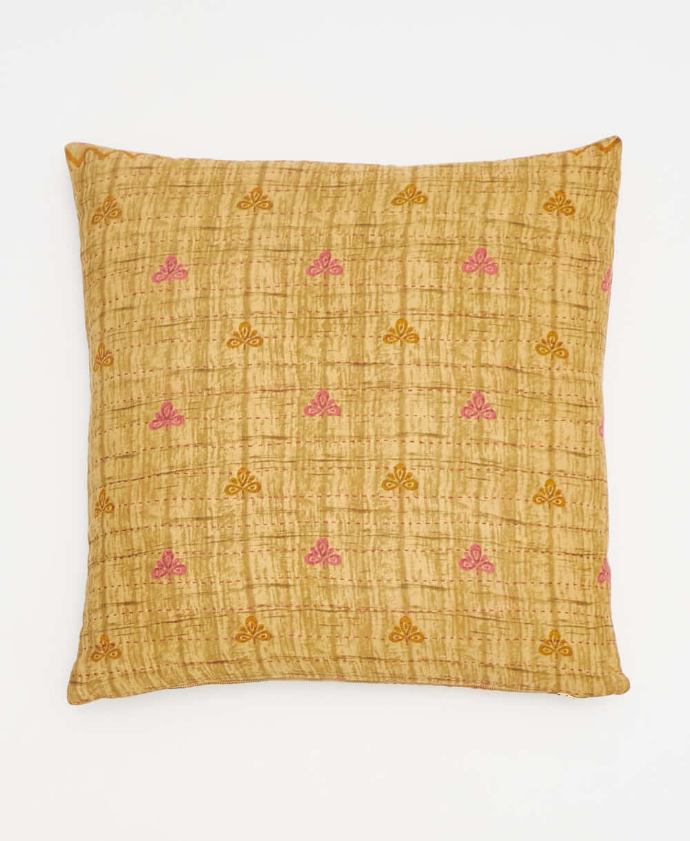 tan abstract & barbie pink floral throw pillow made from upcycled vintage saris in India by women artisans