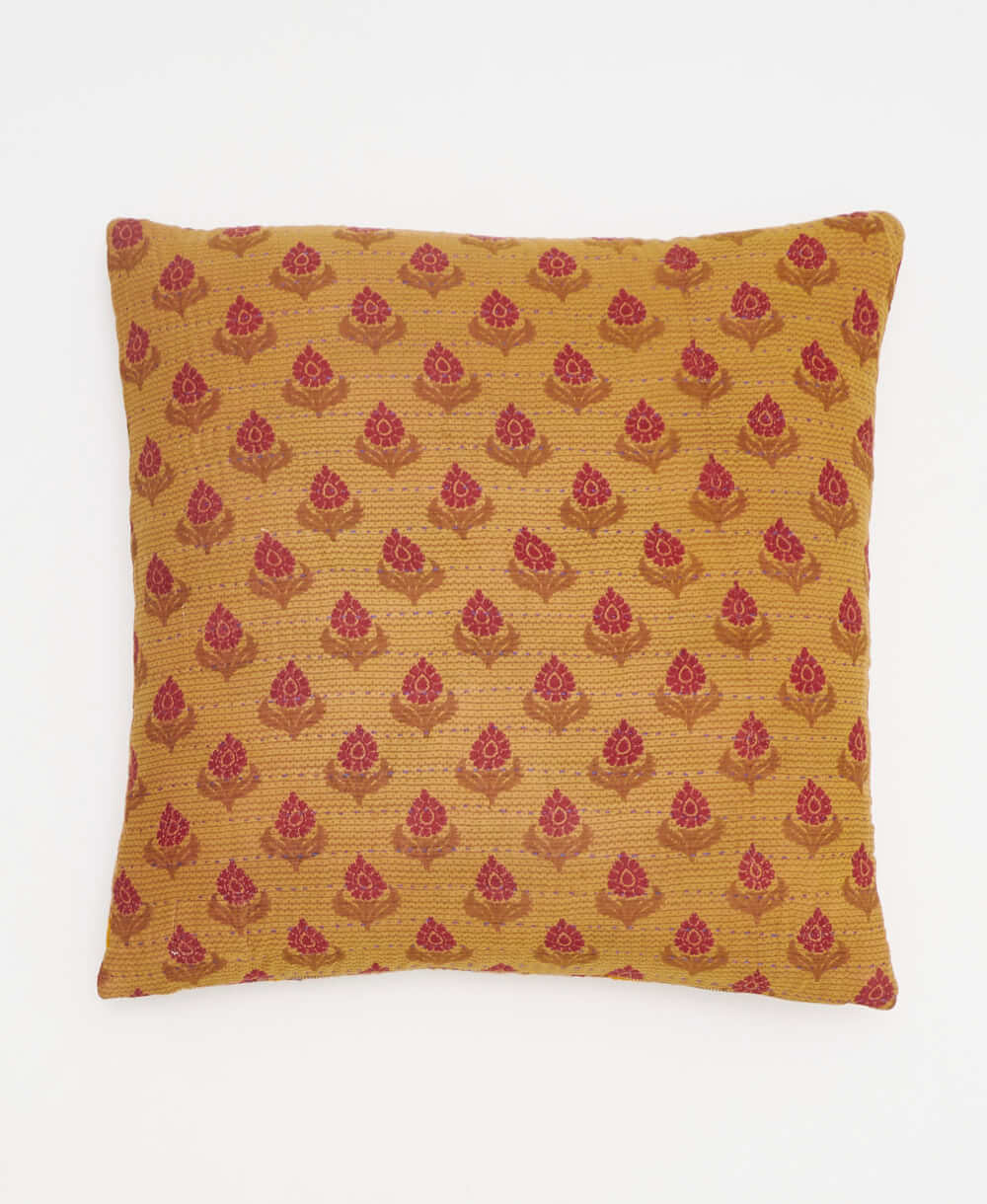 tan & magenta floral vintage throw pillow made from sustainable fabrics with blue embroidery