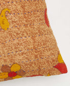 tan, red & yellow paisley square pillow with blue kantha embroidery with removable down feather pillow insert