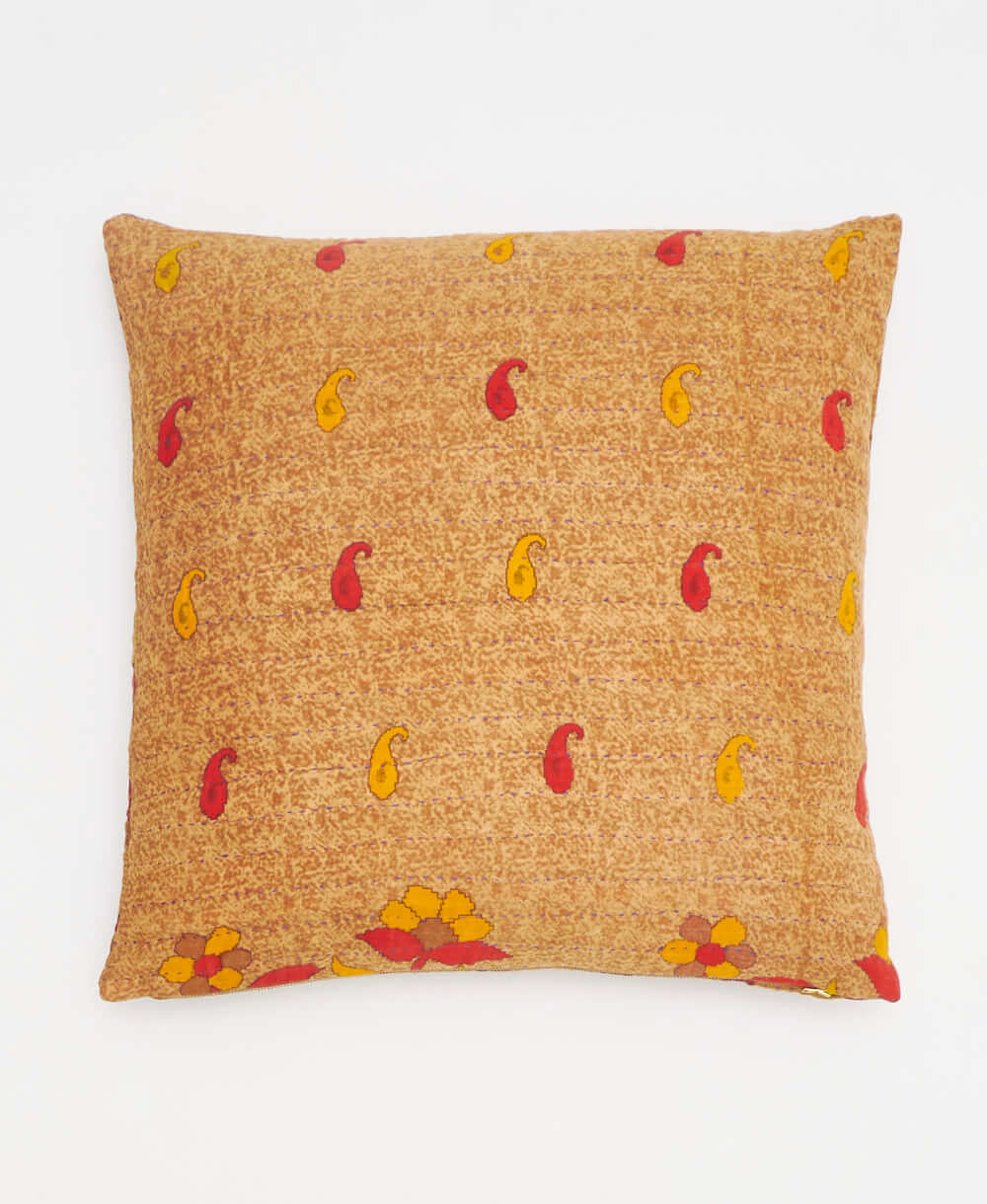 tan, red & yellow paisley throw pillow made from upcycled vintage saris in India by women artisans