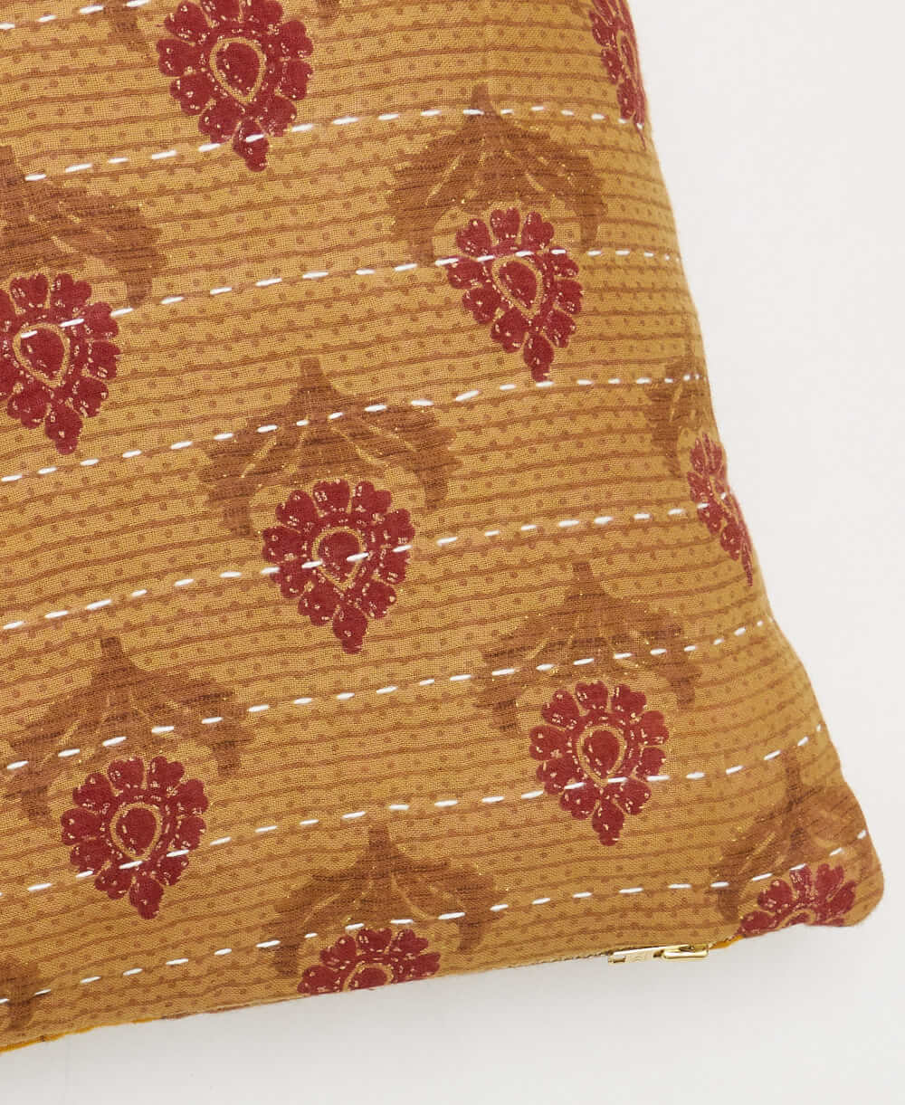 tan & maroon floral square pillow with white kantha embroidery with removable down feather pillow insert