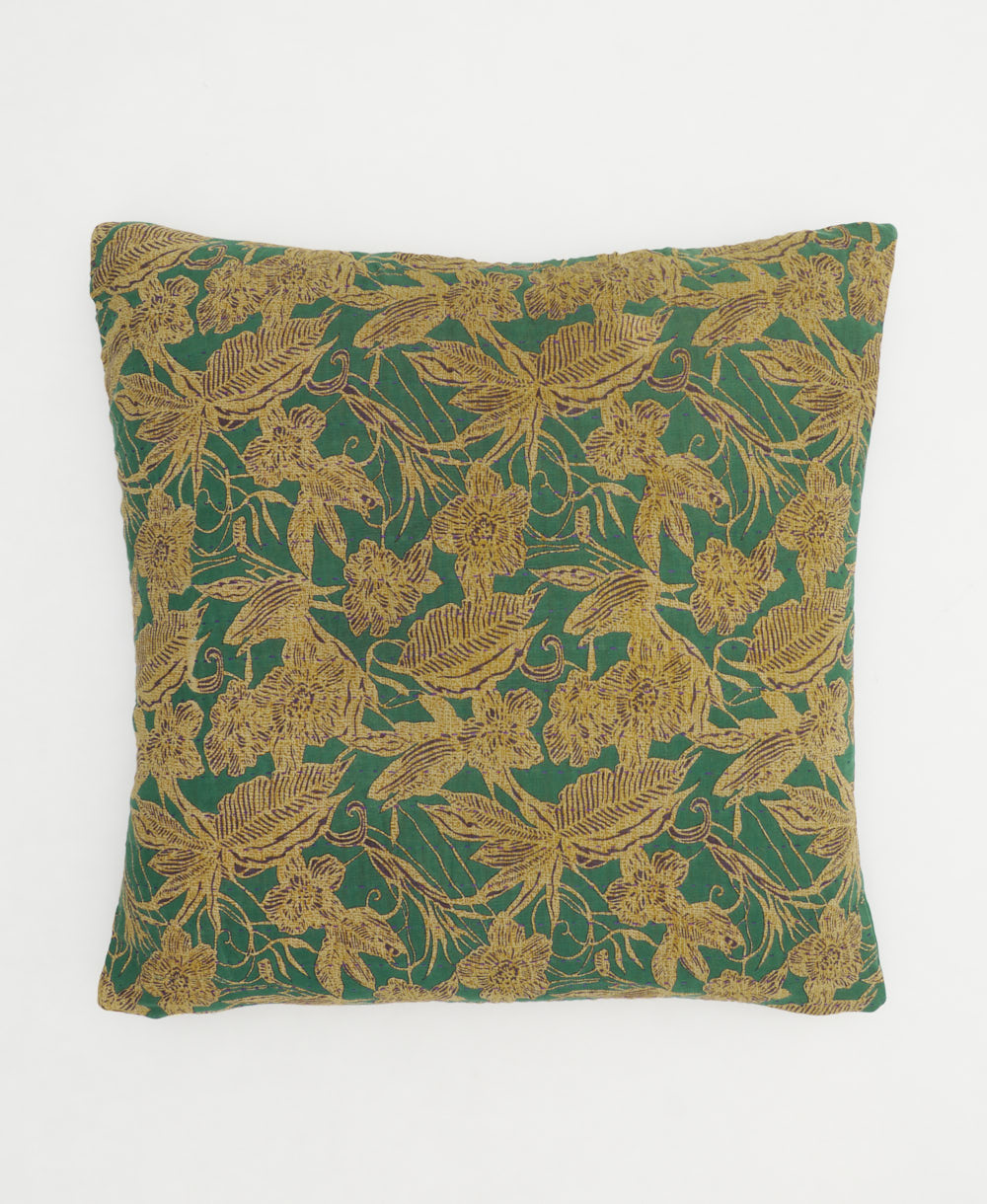 colorful throw pillow in green & tan botanical floral print