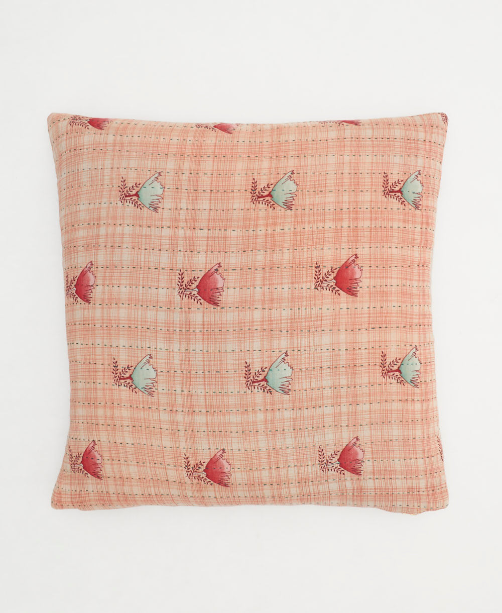 coral throw pillow with sky blue & red tulips