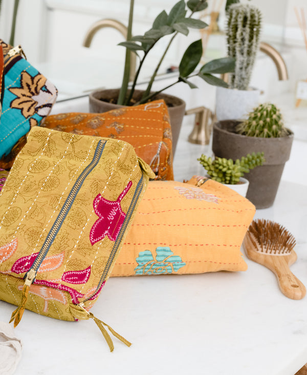 vintage kantha toiletry bags lined with canvas with unique vintage cotton sari material