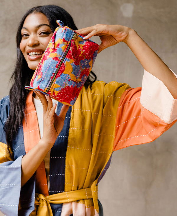 sustainably made toiletry bags made in India from vintage cotton saris and lined with canvas