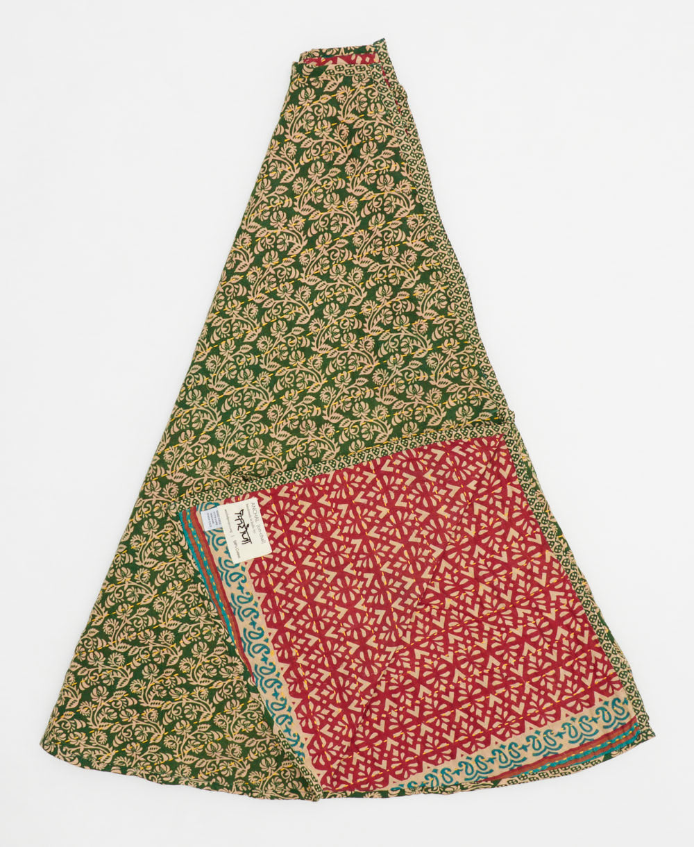 hunter green holiday tree skirt made from vintage cotton saris featuring a tan floral pattern