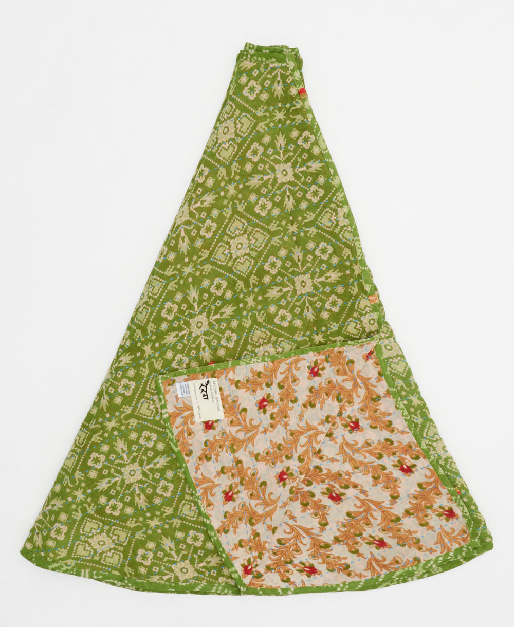 lime green holiday tree skirt made from vintage cotton saris featuring a geometric medallion pattern