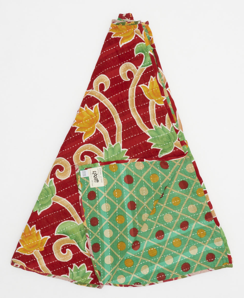 cherry red holiday tree skirt made from vintage cotton saris featuring a marigold & pastel green floral pattern