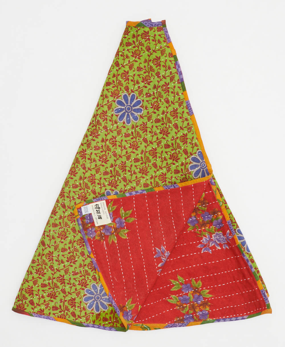 lime green holiday tree skirt made from vintage cotton saris featuring a maroon floral pattern with red floral reverse