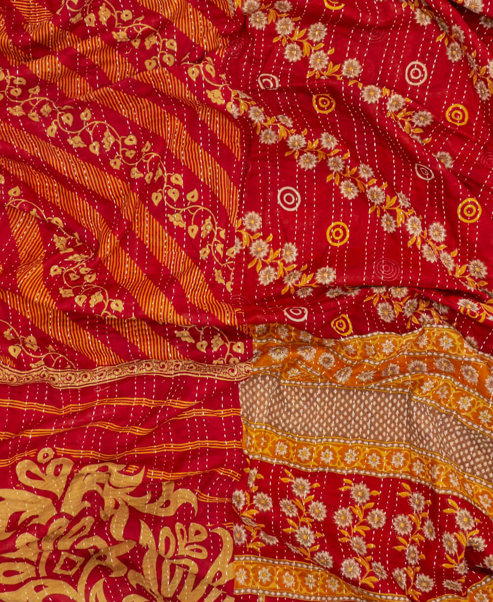 soft king kantha blanket in bright yellow & gold floral made from upcycled vintage cotton saris