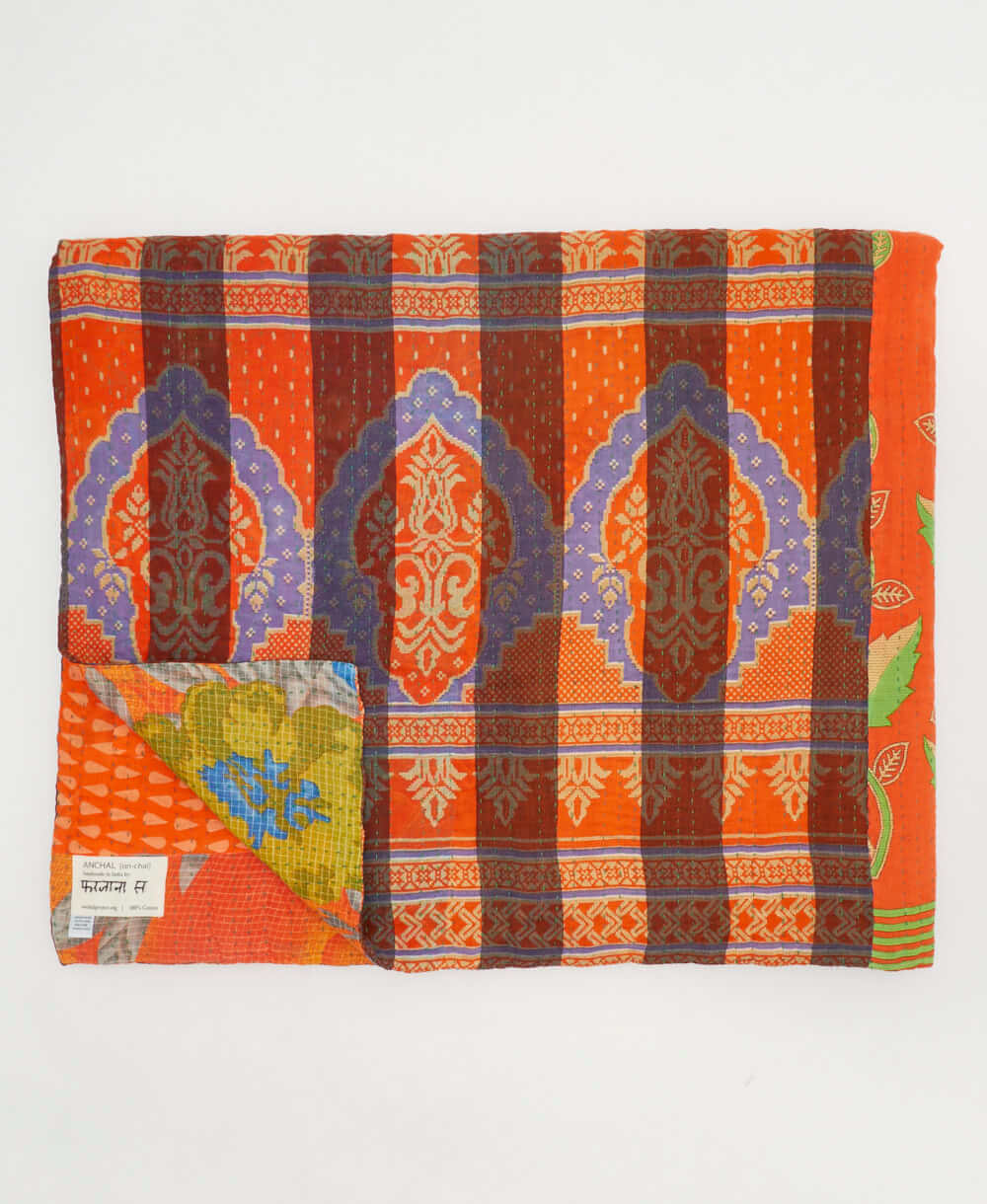 orange & lime green vines quilted throw in king size handmade in India by Anchal artisans