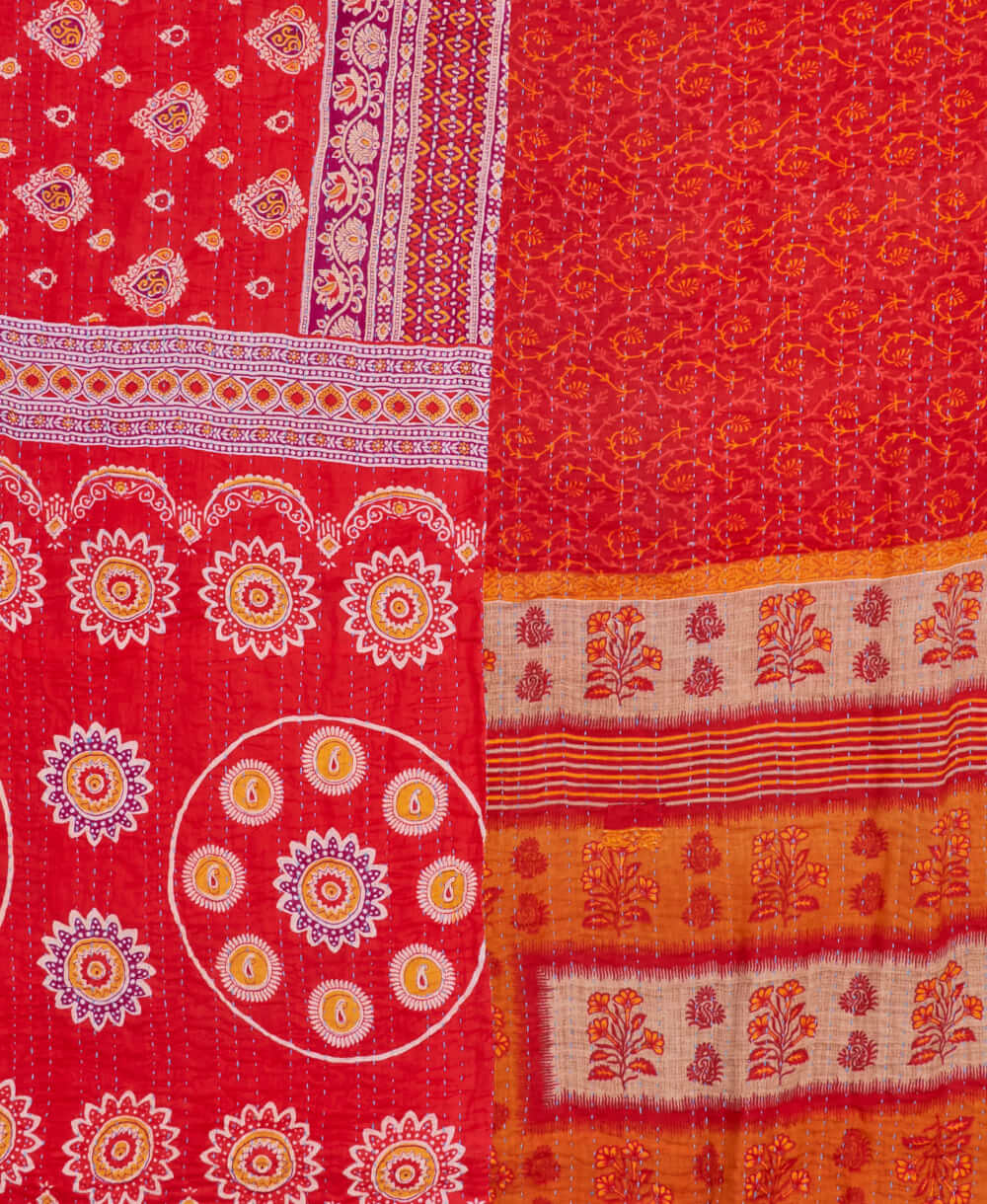 soft king kantha blanket in cherry & orange medallion made from upcycled vintage cotton saris