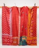 cherry & orange king kantha quilt in a medallion pattern handmade in India