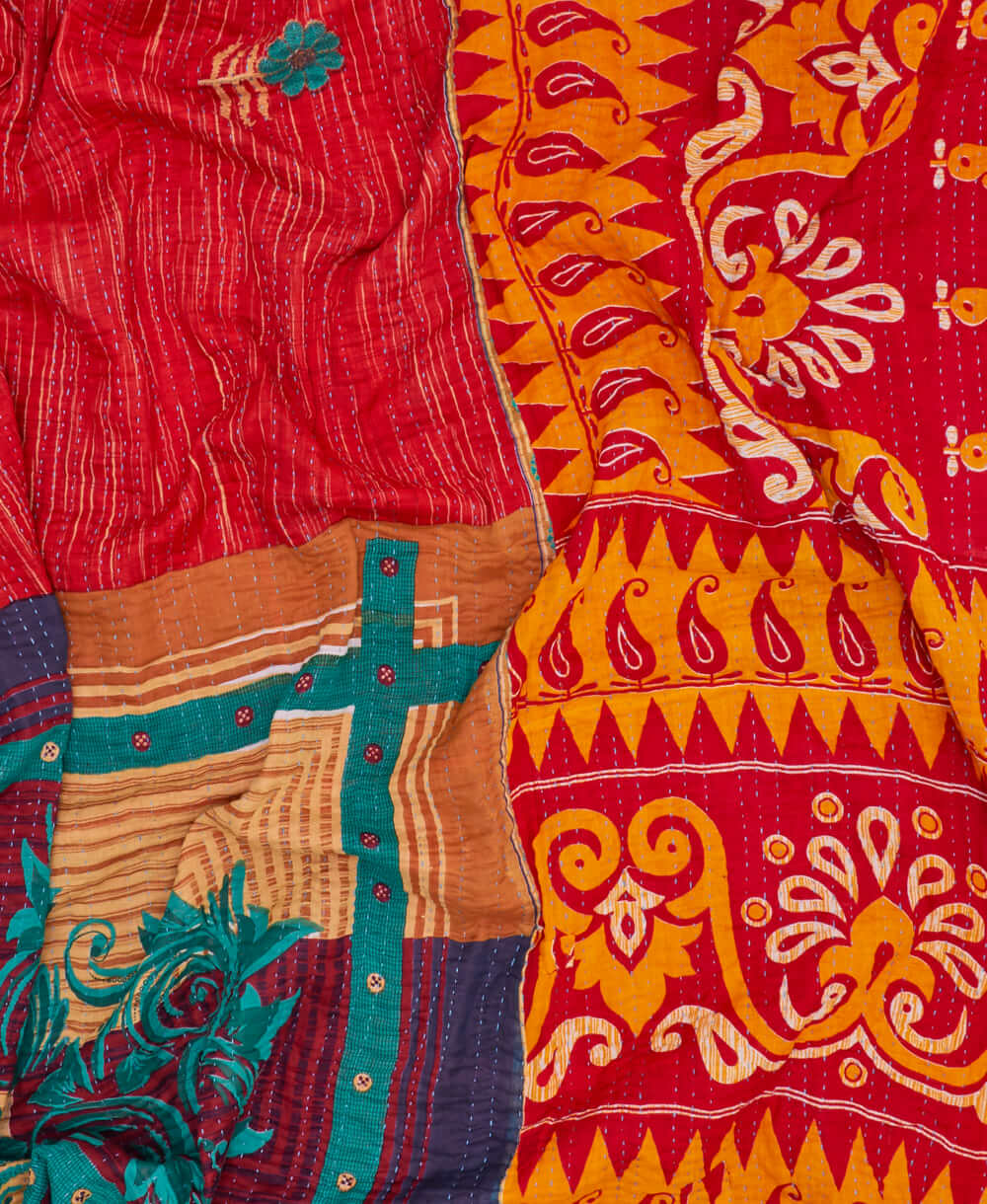 sustainable kantha quilt in king size with cherry & orange medallion pattern made in India