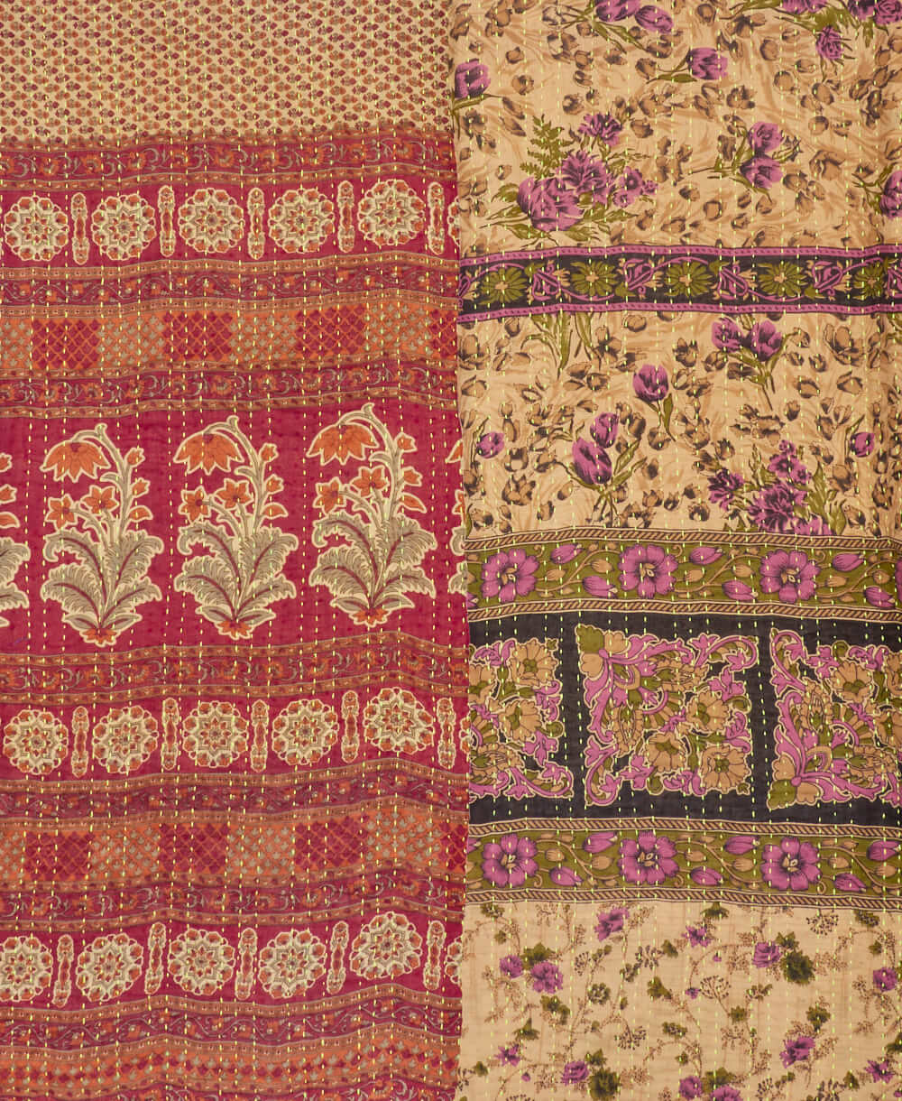 sustainable kantha quilt in king size with tan & lavender ditsy floral pattern made in India