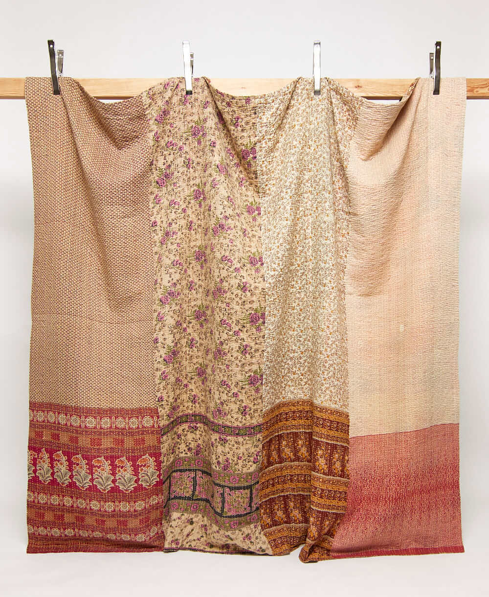 tan & lavender king kantha quilt in a ditsy floral pattern handmade in India