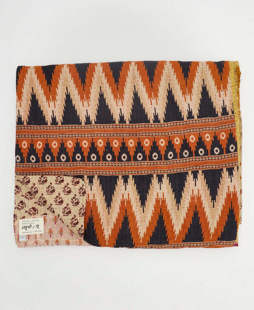 tan, orange & black chevron quilted throw in king size handmade in India by Anchal artisans