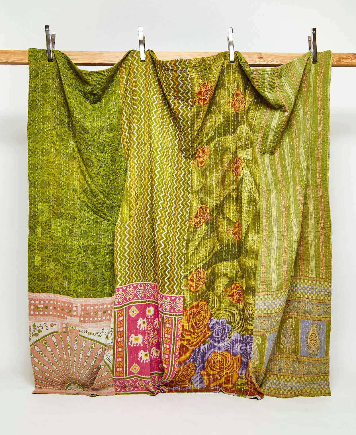 green king kantha quilt in bold floral pattern handmade in India