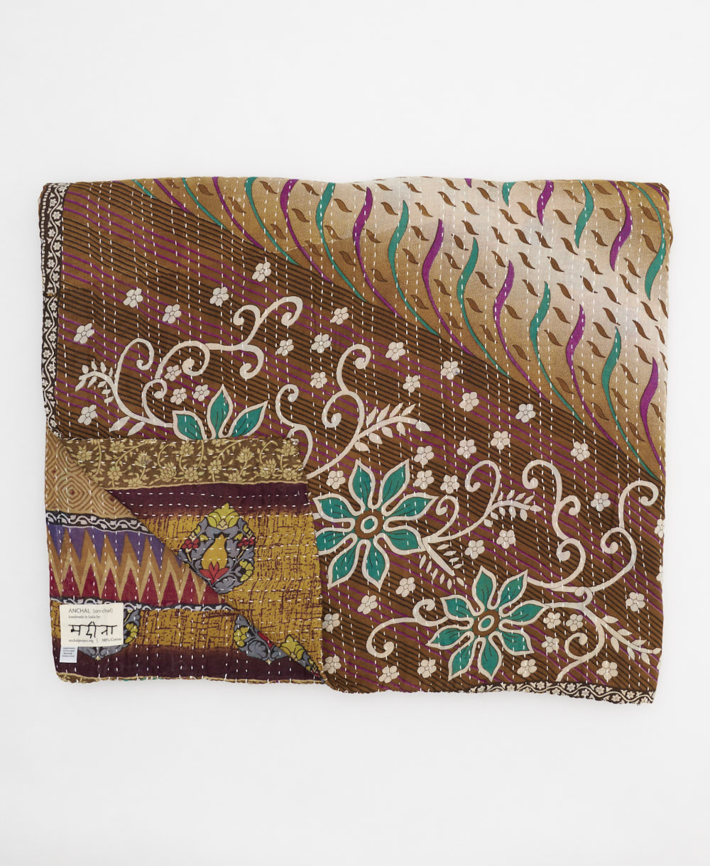 camel & teal floral quilted throw in king size handmade in India by Anchal artisans