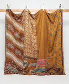 camel & teal king kantha quilt in bold floral pattern handmade in India