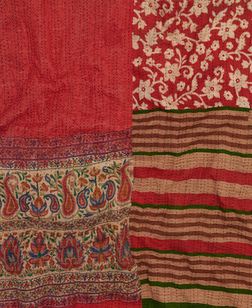 sustainable kantha quilt in king size with cherry red floral & abstract pattern made in India