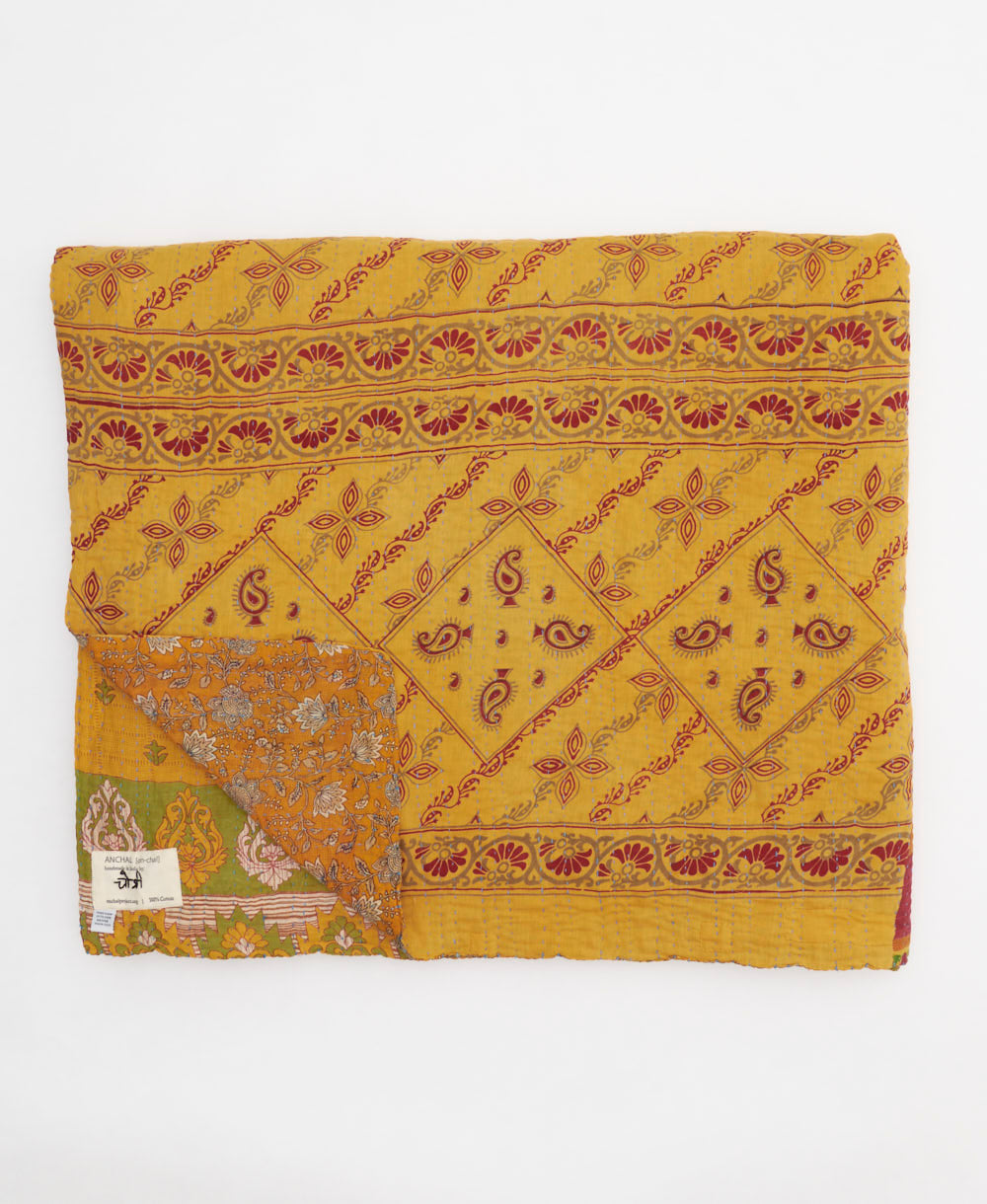 mustard yellow & red floral quilted throw in king size handmade in India by Anchal artisans