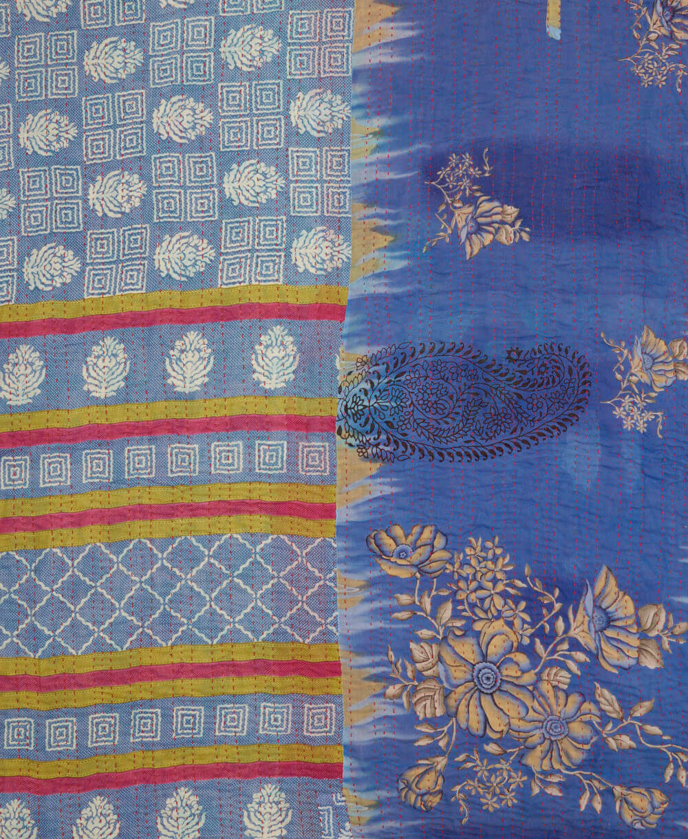 soft king kantha blanket in cornflower blue crosshatch print made from upcycled vintage cotton saris