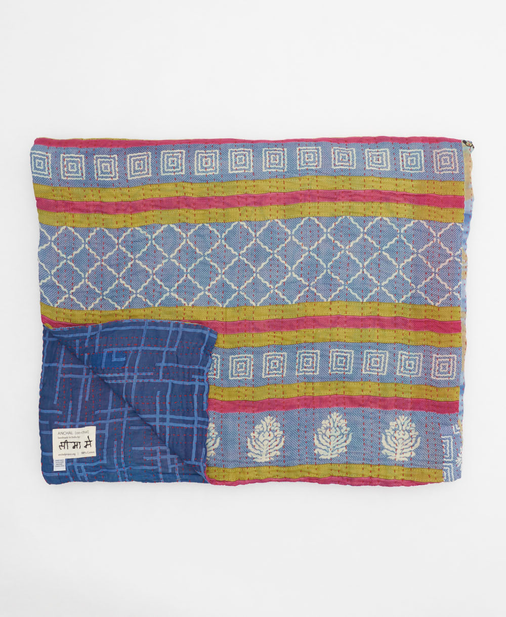 cornflower blue crosshatch quilted throw in king size handmade in India by Anchal artisans