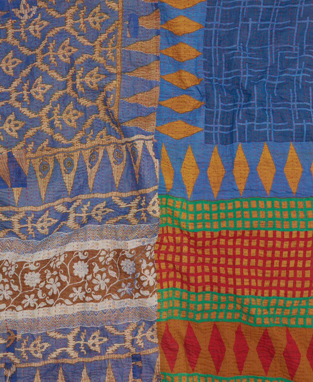 sustainable kantha quilt in king size with a cornflower blue crosshatch pattern made in India