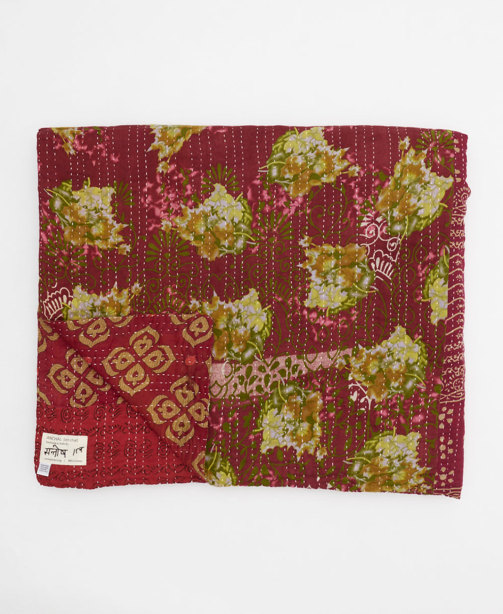 garnet red floral quilted throw in king size handmade in India by Anchal artisans