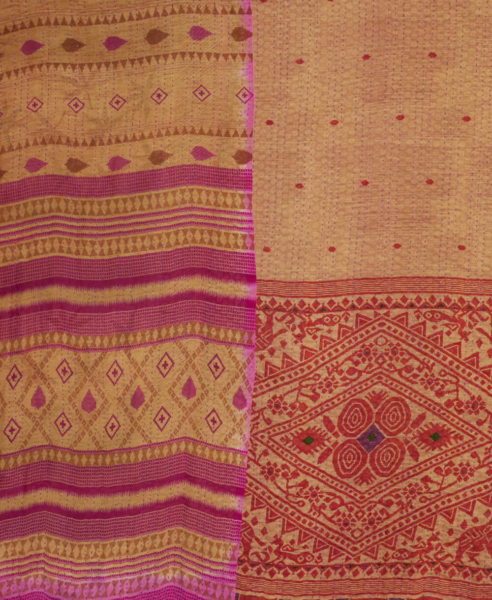 sustainable kantha quilt in king size with a tan & pink floral pattern made in India