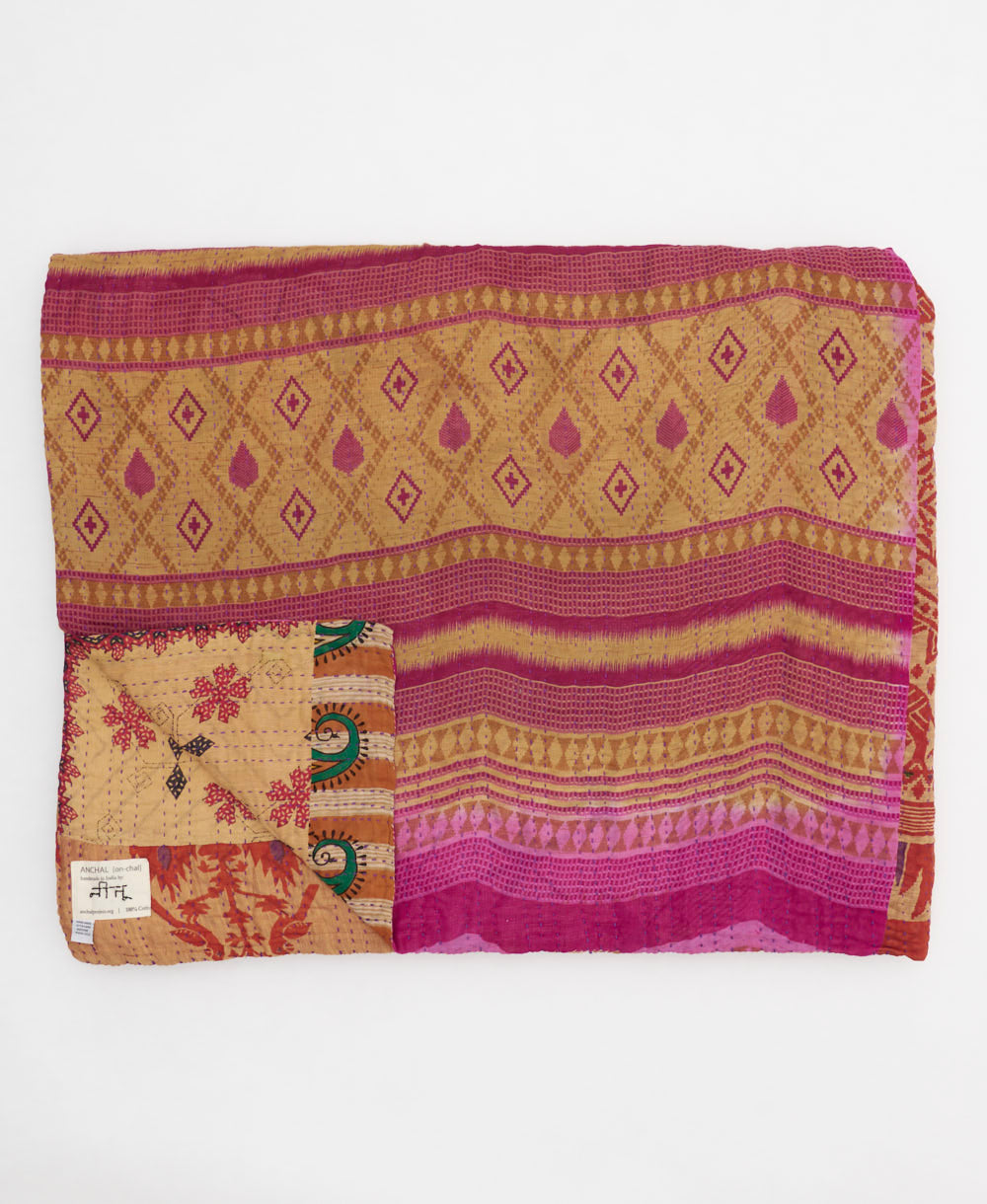 tan & pink floral quilted throw in king size handmade in India by Anchal artisans