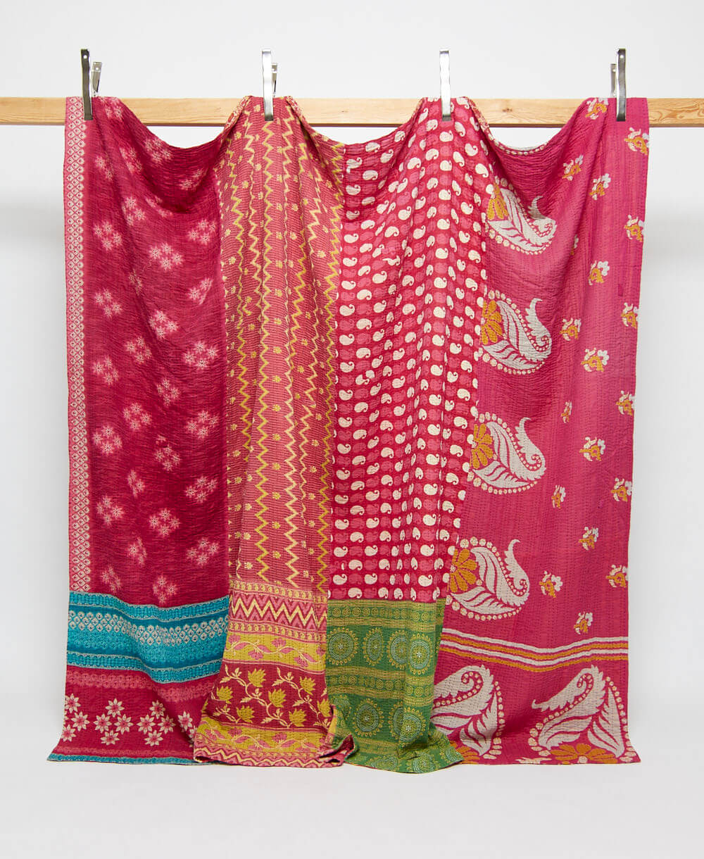 deep pink king kantha quilt in a paisley pattern handmade in India