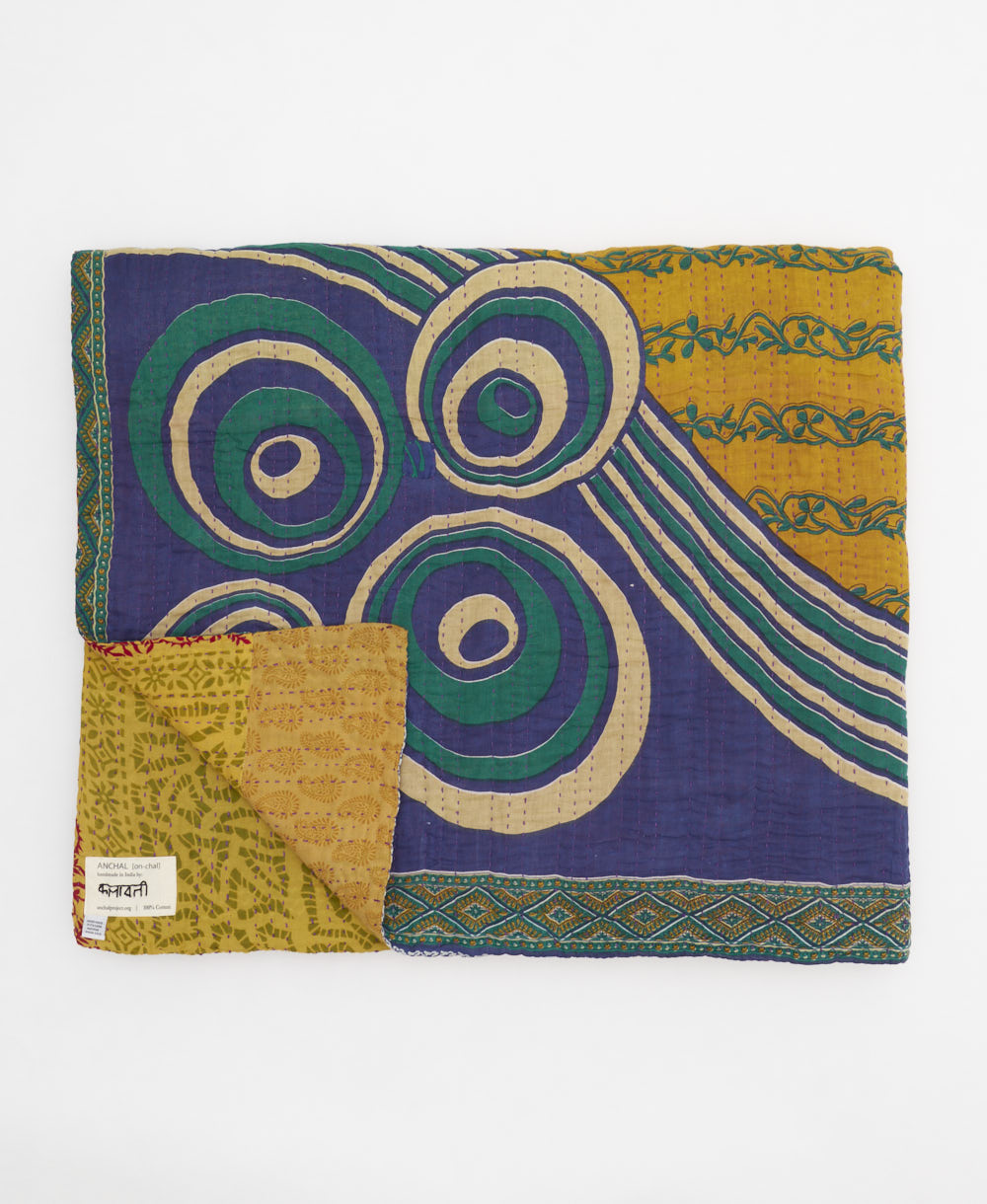 yellow & blue abstract quilted throw in king size handmade in India by Anchal artisans