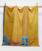 yellow & blue king kantha quilt in an abstract pattern handmade in India