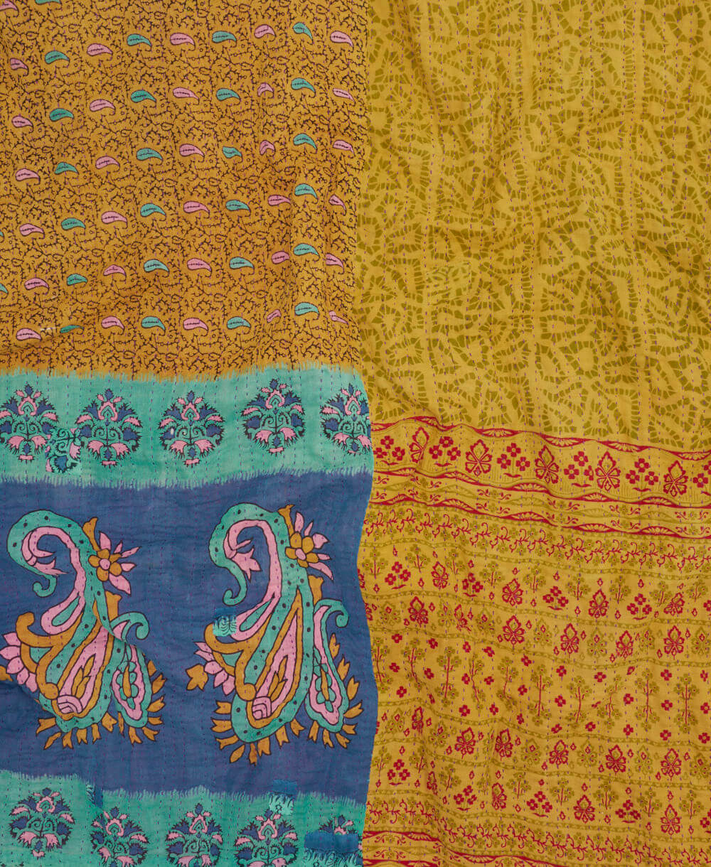 soft king kantha blanket in yellow & blue abstract print made from upcycled vintage cotton saris