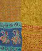 soft king kantha blanket in yellow & blue abstract print made from upcycled vintage cotton saris