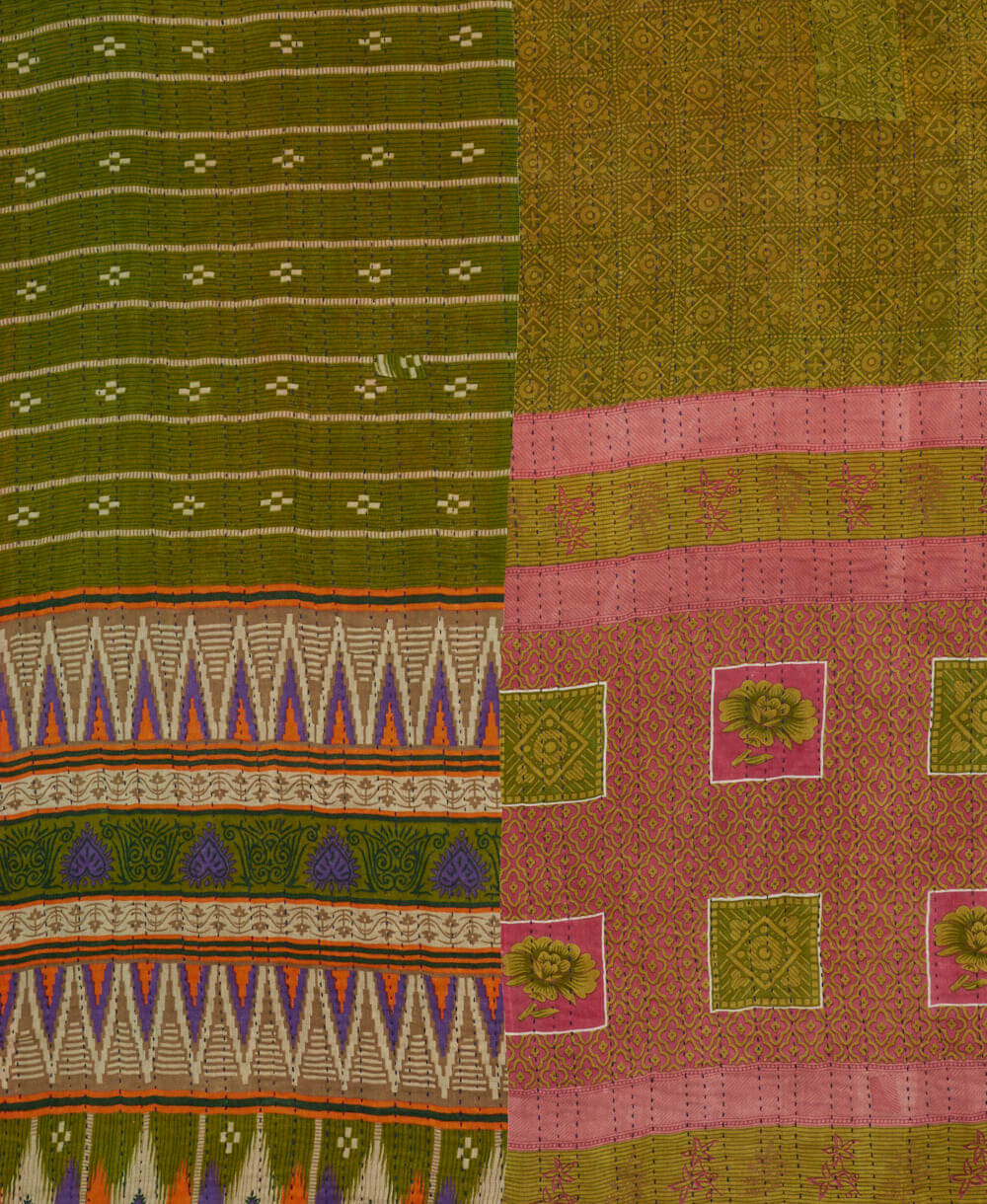 sustainable kantha quilt in king size with a dark olive floral pattern made in India