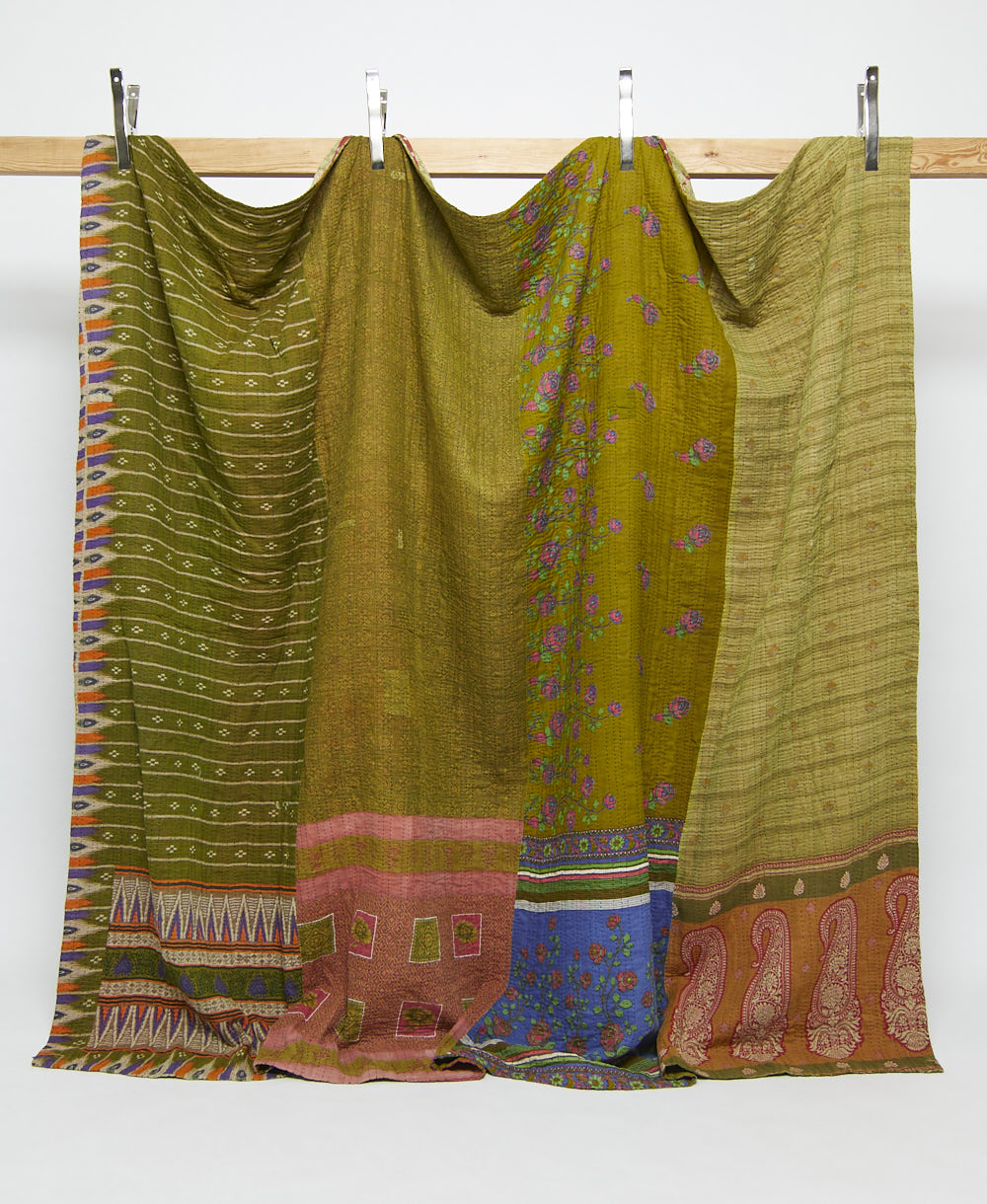 dark olive king kantha quilt in a floral pattern handmade in India