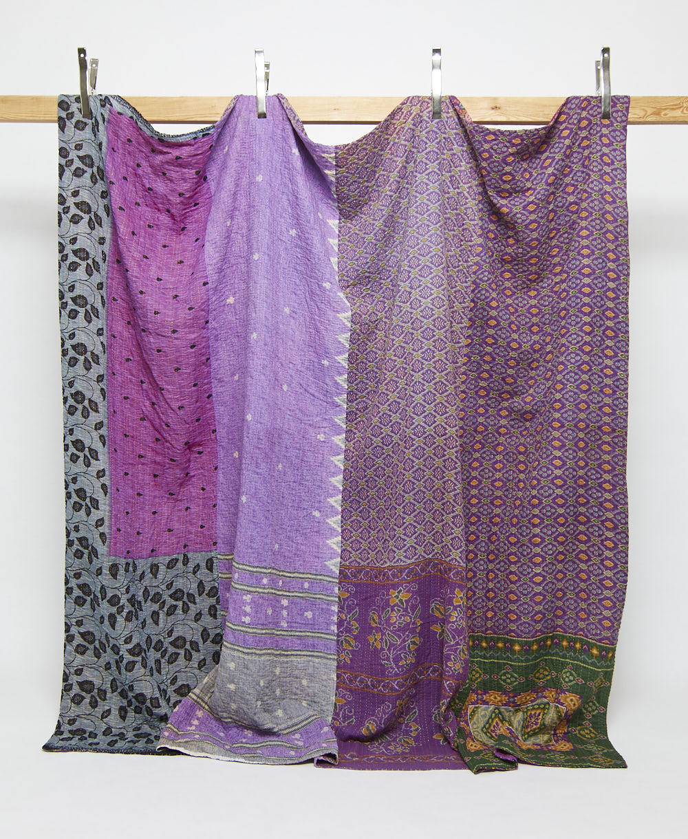 eggplant purple king kantha quilt in a diamond pattern handmade in India