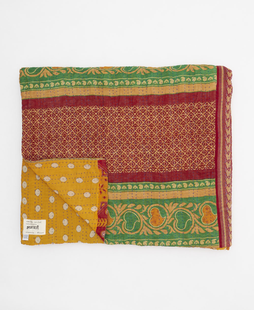 golden yellow polka dot quilted throw in king size handmade in India by Anchal artisans