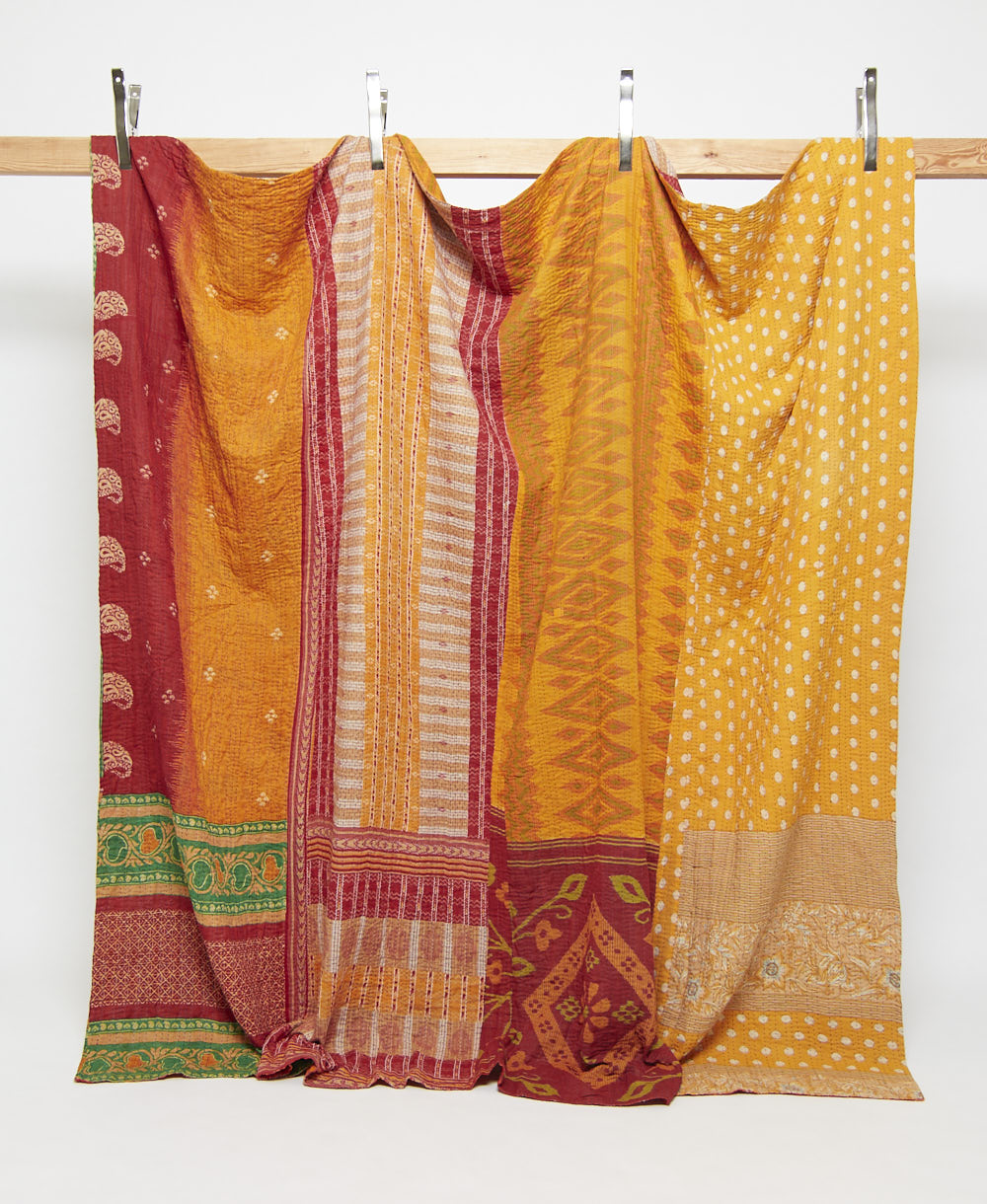 golden yellow king kantha quilt in a polka dot pattern handmade in India