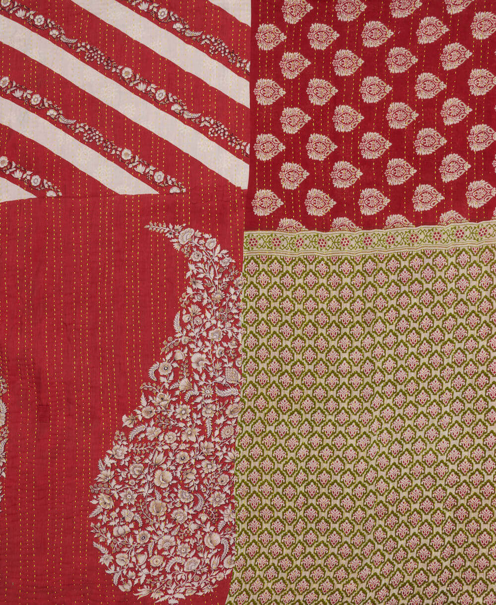 sustainable kantha quilt in king size with a red & white candy stripe pattern made in India