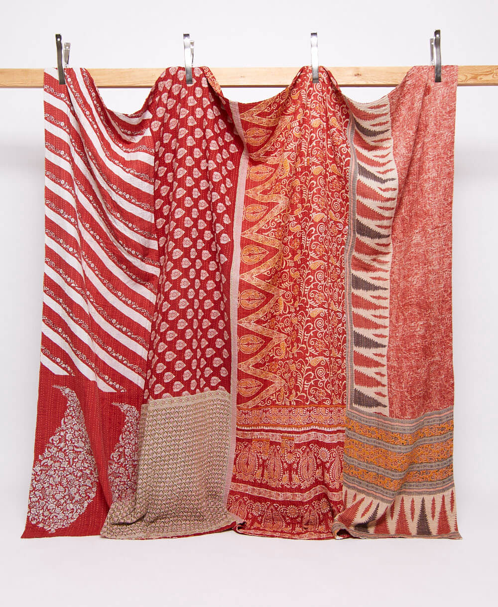 red king kantha quilt in a white candy stripe pattern handmade in India