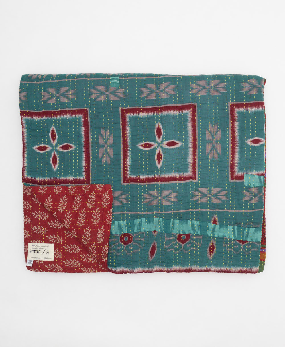 crimson & teal elephant quilted throw in king size handmade in India by Anchal artisans