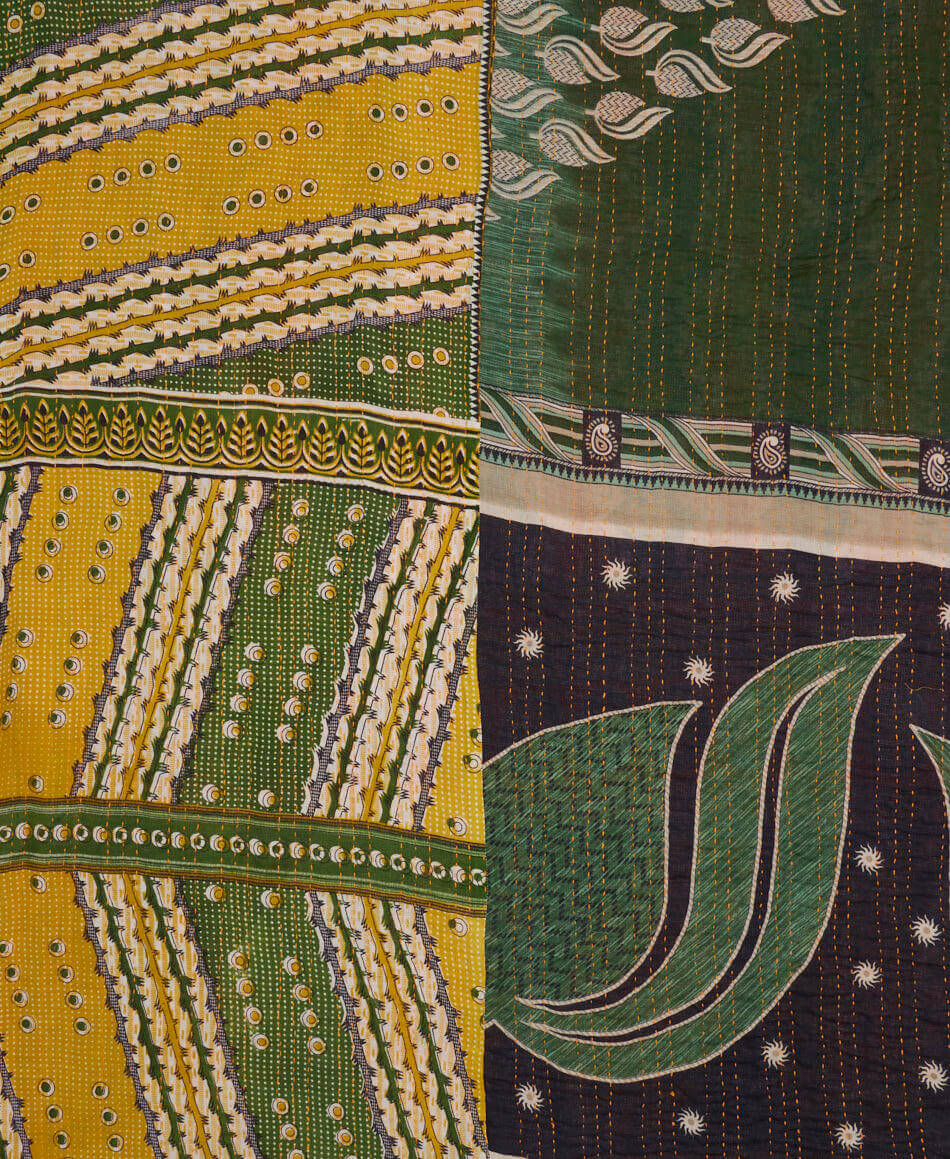 soft king kantha blanket in a hunter green & mustard yellow striped print made from upcycled vintage cotton saris