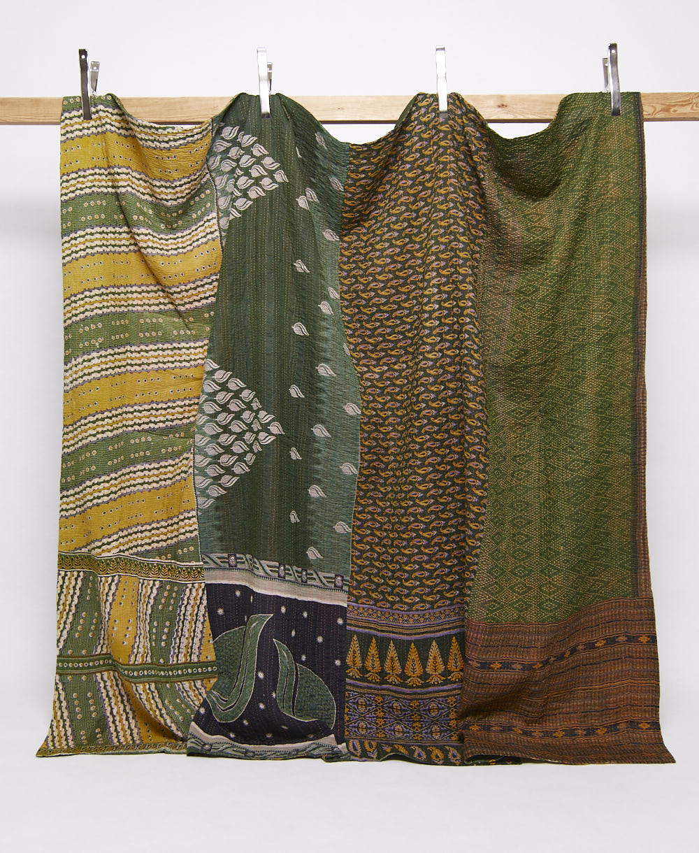 hunter green king kantha quilt in a mustard stripe pattern handmade in India