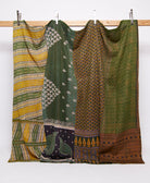 hunter green king kantha quilt in a mustard stripe pattern handmade in India