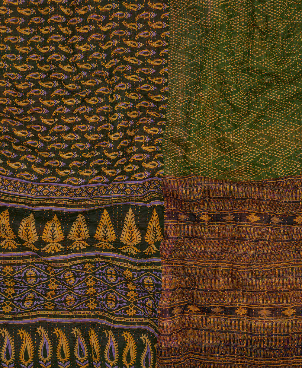 sustainable kantha quilt in king size with a hunter green & mustard yellow striped pattern made in India